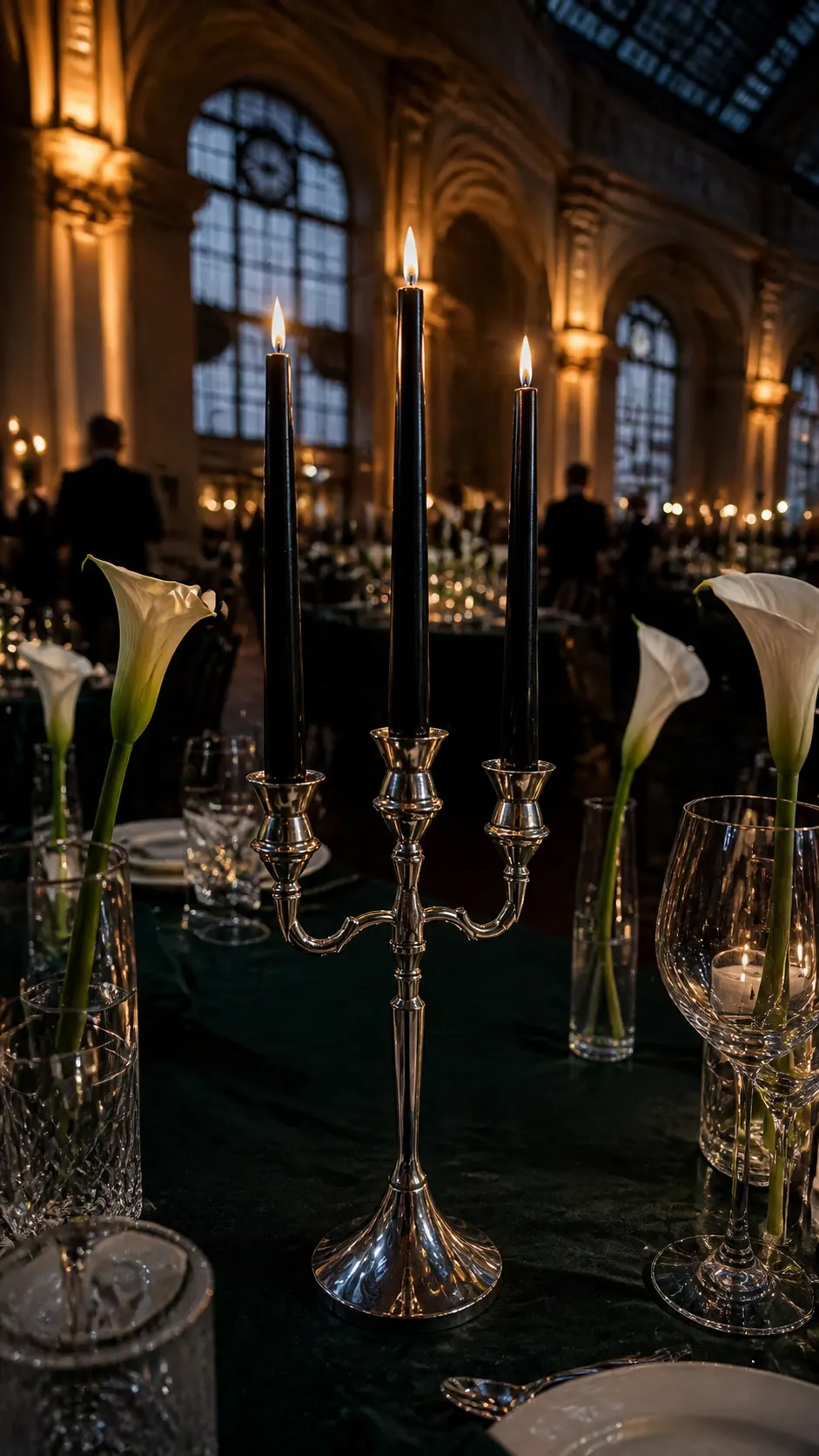 Fork candleholder for evening events Classic Glassy candleholder with black candles at an evening event