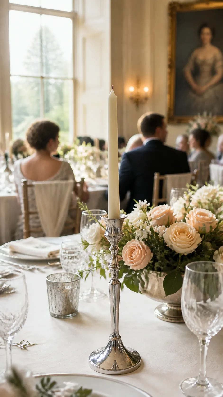 Classic candleholder for daylight weddings Classic silver candleholder on a white flower wedding table