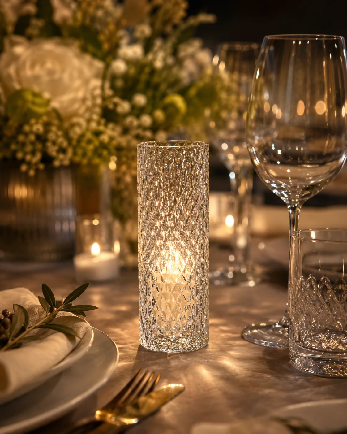 Glassy Diamond patterned glass cylinder with candle