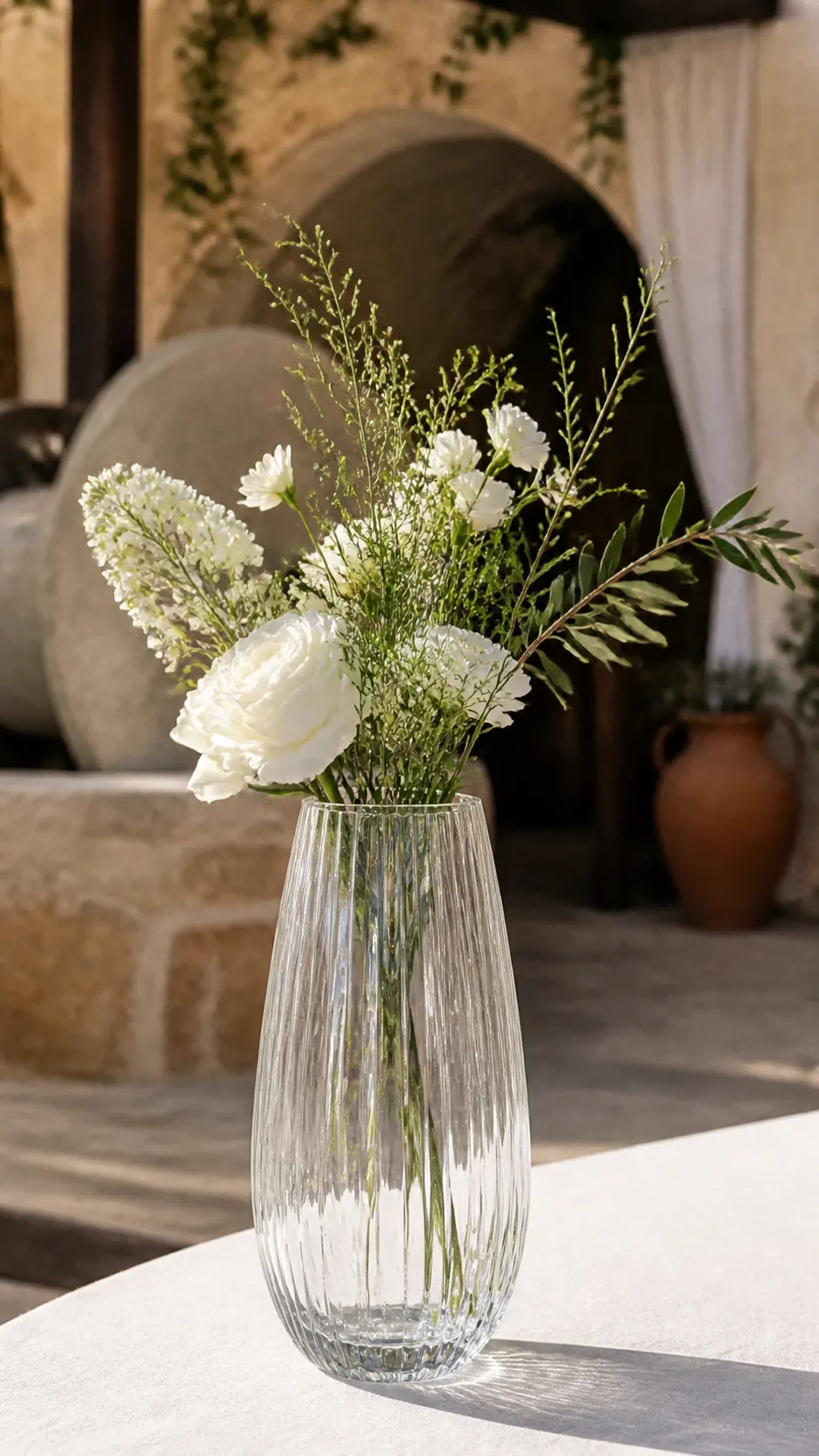 Optikli Stone glass vase with a white flower arrangement