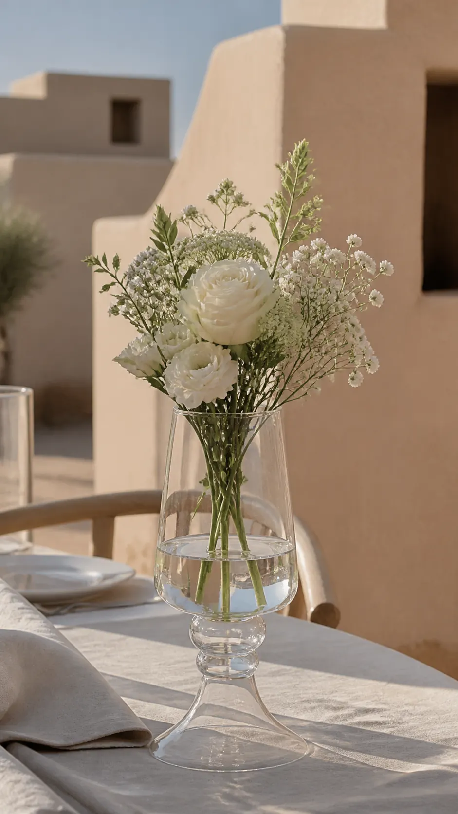 Trapez Vase with white flowers at an outdoor table