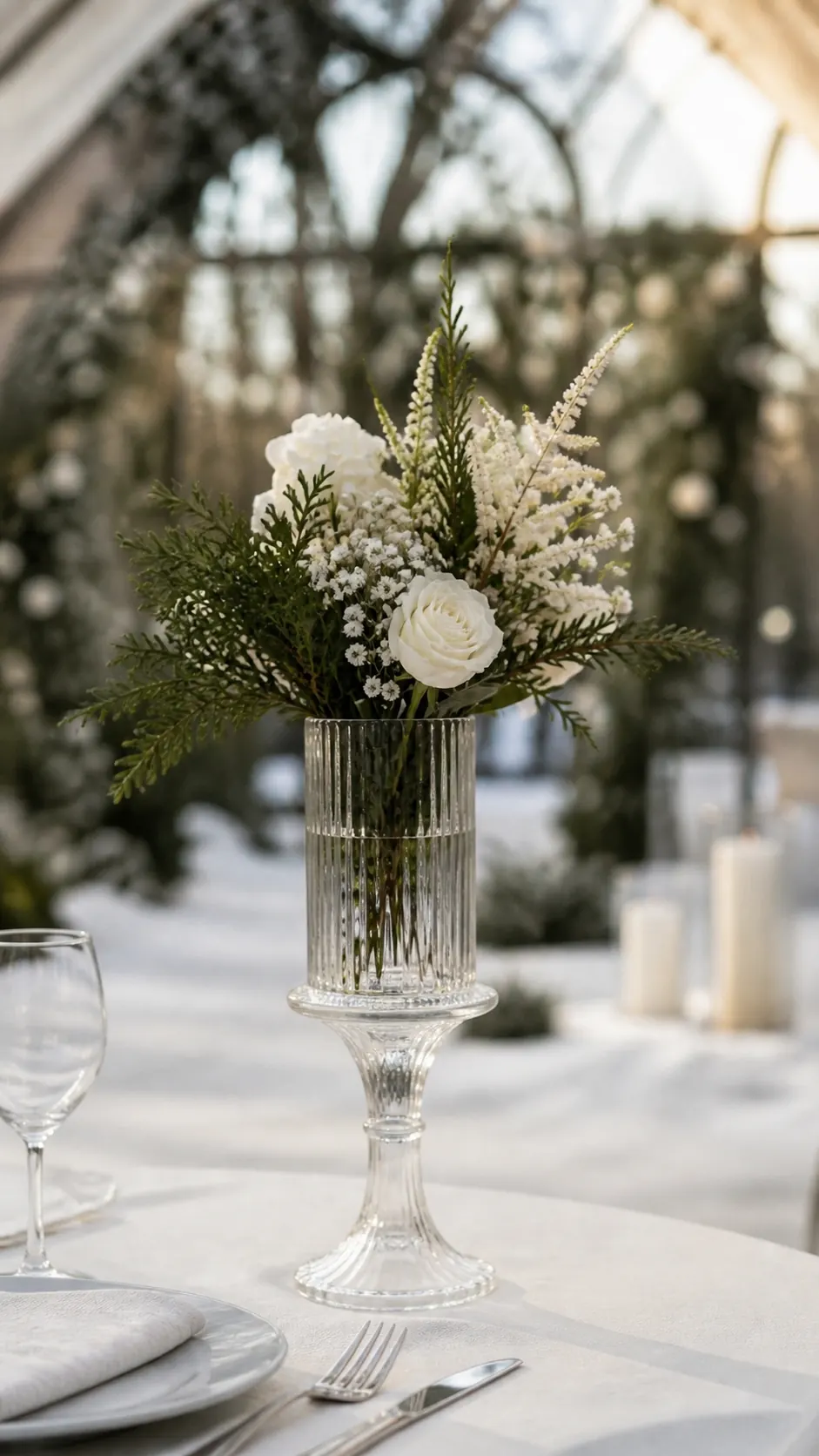 Footed glass vase with a white floral arrangement on a wedding table