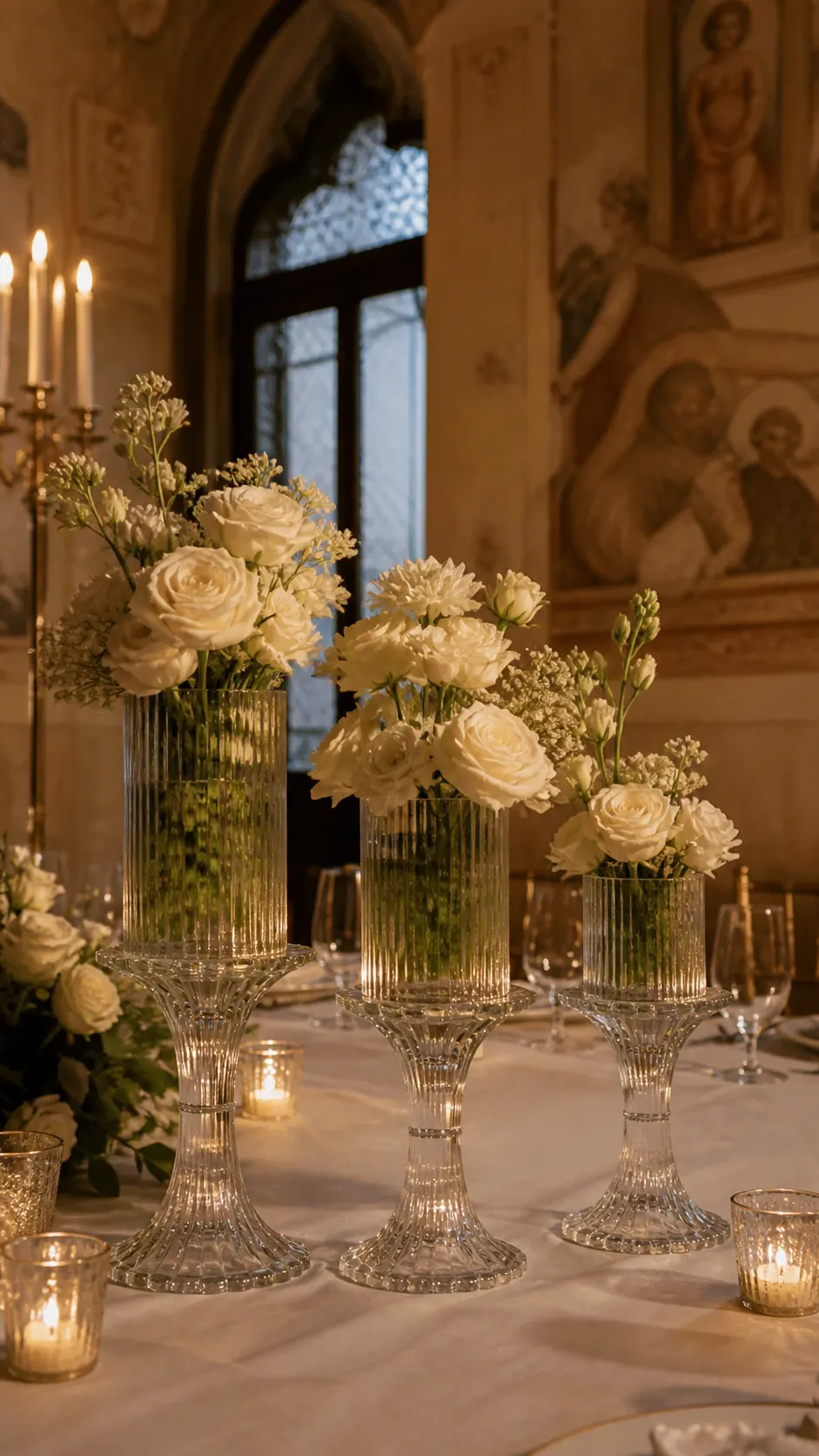 3-Piece Antique Set glass vases with white flowers